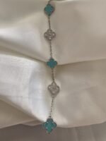 Van cleef modeli 5 yapraklı büyük yonca doğal taş turkuaz ve taşlı vca gümüş bileklik