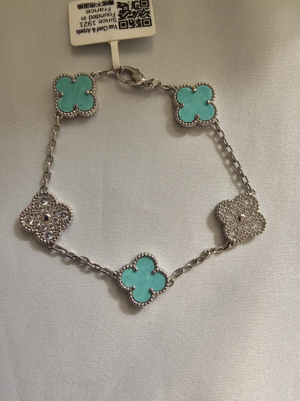 Van cleef modeli 5 yapraklı büyük yonca doğal taş turkuaz ve taşlı vca gümüş bileklik
