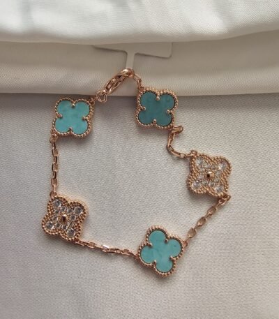 Van cleef modeli 5 yapraklı büyük yonca doğal taş turkuaz-taşlı vca rose bileklik