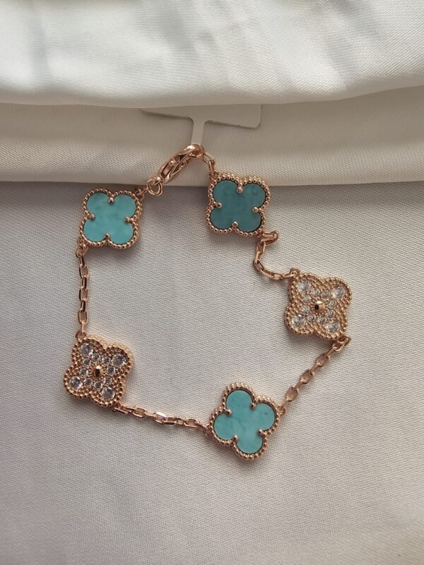 Van cleef modeli 5 yapraklı büyük yonca doğal taş turkuaz-taşlı vca rose bileklik