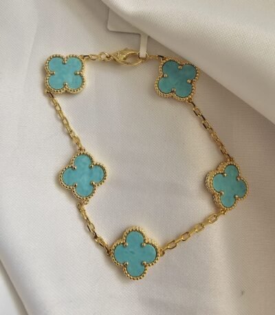 Van cleef modeli 5 yapraklı büyük yonca doğal taş turkuaz vca gold bileklik