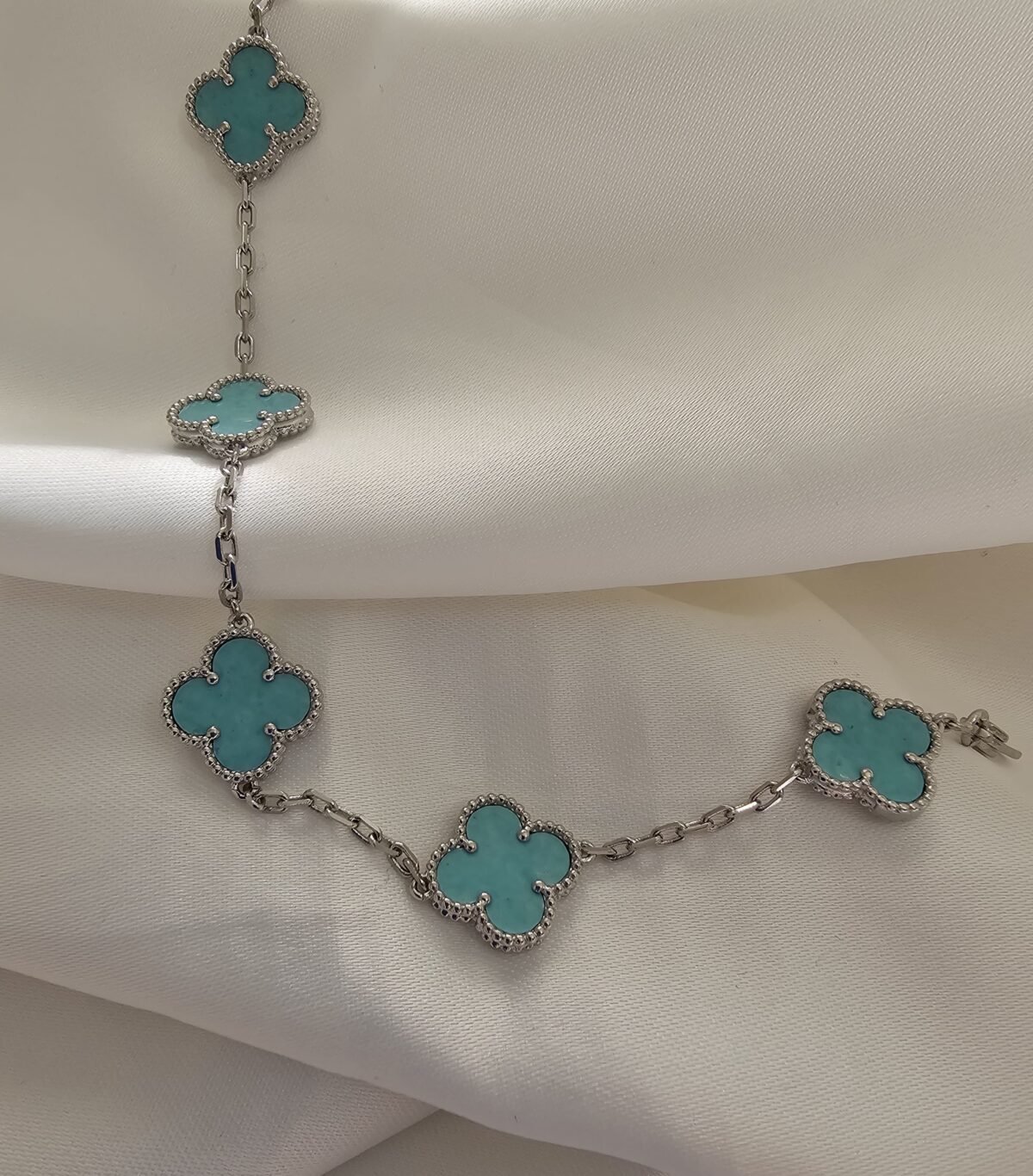 Van cleef modeli 5 yapraklı büyük yonca doğal taş turkuaz vca gümüş bileklik