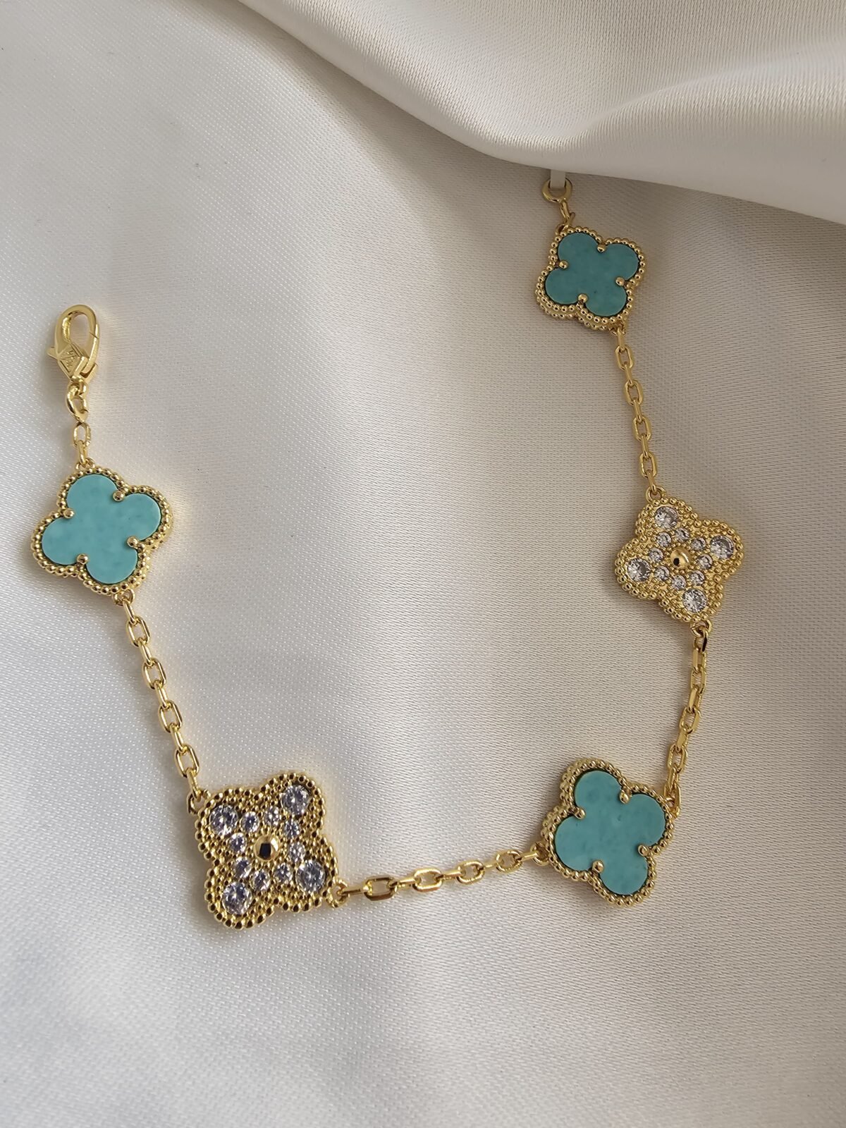 Van cleef modeli 5 yapraklı büyük yonca doğal taş turkuaz ve taşlı vca gold bileklik