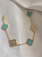 Van cleef modeli 5 yapraklı büyük yonca doğal taş turkuaz ve taşlı vca gold bileklik