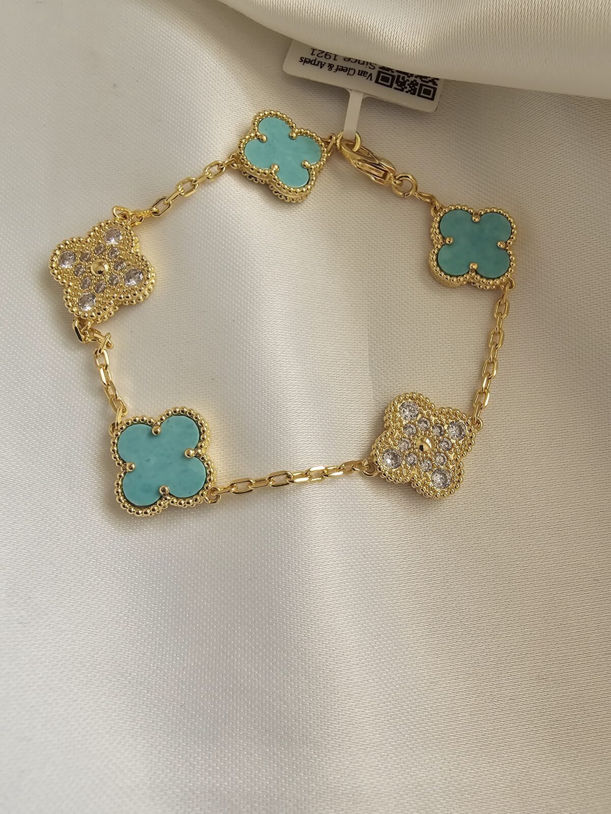 Van cleef modeli 5 yapraklı büyük yonca doğal taş turkuaz ve taşlı vca gold bileklik