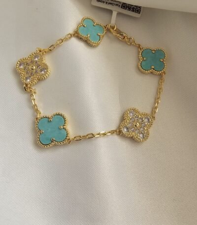 Van cleef modeli 5 yapraklı büyük yonca doğal taş turkuaz ve taşlı vca gold bileklik