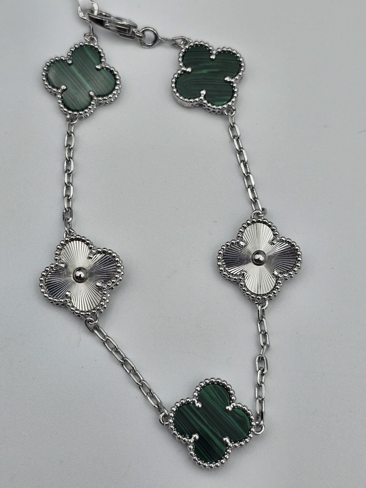 Van cleef modeli 5 yapraklı büyük yonca doğal taş zümrüt yeşili-düz vca gümüş bileklik