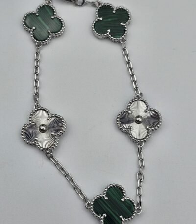 Van cleef modeli 5 yapraklı büyük yonca doğal taş zümrüt yeşili-düz vca gümüş bileklik