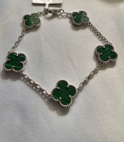 Van cleef modeli 5 yapraklı büyük yonca doğal taş zümrüt yeşili vca gümüş bileklik