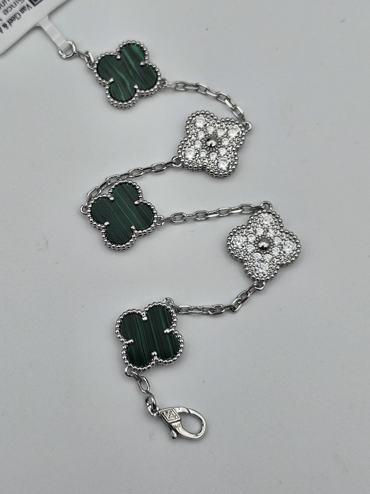 Van cleef modeli 5 yapraklı büyük yonca doğal taş zümrüt yeşili ve taşlı vca gümüş bileklik