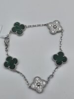 Van cleef modeli 5 yapraklı büyük yonca doğal taş zümrüt yeşili ve taşlı vca gümüş bileklik
