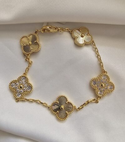 Van cleef modeli 5 yapraklı büyük yonca düz ve taşlı vca gold bileklik