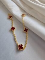 Van cleef modeli 5 yapraklı küçük yonca doğal taş kırmızı vca gold bileklik