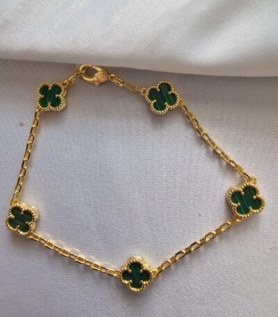 Van cleef modeli 5 yapraklı küçük yonca doğal taş zümrüt yeşili vca gold bileklik