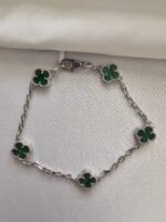 Van cleef modeli 5 yapraklı küçük yonca doğal taş zümrüt yeşili vca gümüş bileklik