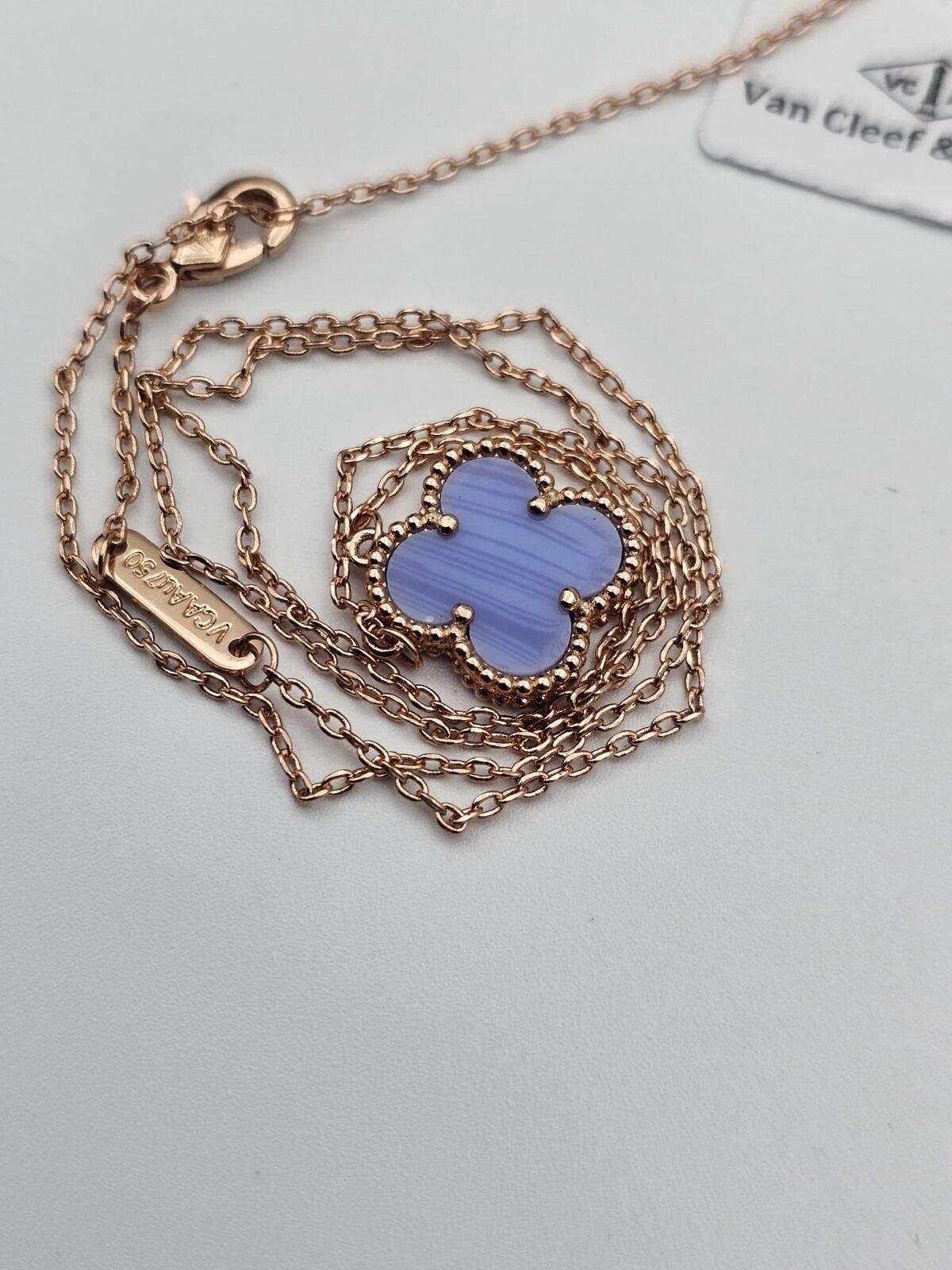 Van cleef modeli tek yapraklı büyük yonca doğal taş açık mavi vca rose kolye