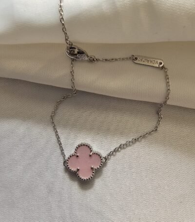 Van cleef modeli tek yapraklı büyük yonca doğal taş açık pembe vca gümüş bileklik