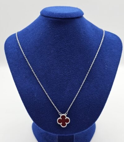 Van cleef modeli tek yapraklı büyük yonca doğal taş kırmızı vca gümüş kolye