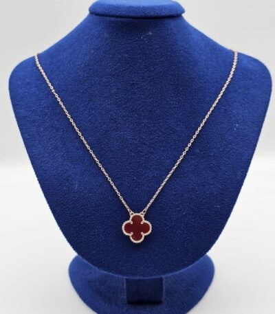 Van cleef modeli tek yapraklı büyük yonca doğal taş kırmızı vca rose kolye