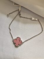 Van cleef modeli tek yapraklı büyük yonca doğal taş pembe vca gümüş bileklik