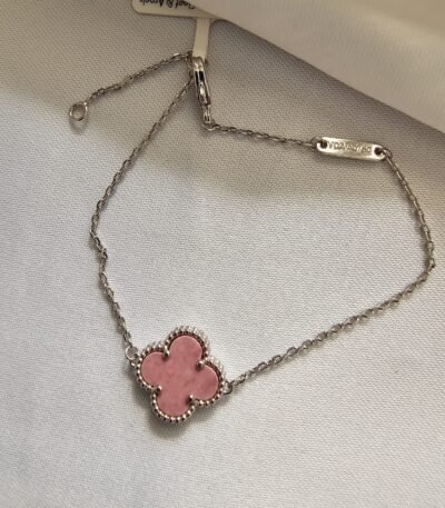 Van cleef modeli tek yapraklı büyük yonca doğal taş pembe vca gümüş bileklik