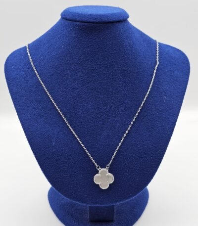 Van cleef modeli tek yapraklı büyük yonca doğal taş sedef beyaz vca gümüş kolye