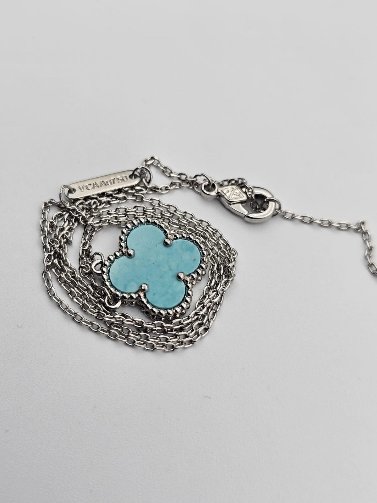 Van cleef modeli tek yapraklı büyük yonca doğal taş turkuaz vca gümüş kolye