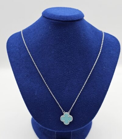 Van cleef modeli tek yapraklı büyük yonca doğal taş turkuaz vca gümüş kolye