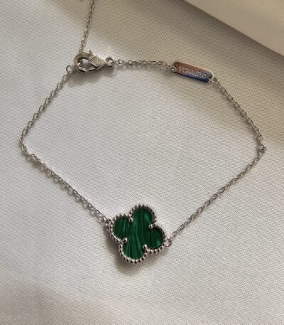 Van cleef modeli tek yapraklı büyük yonca doğal taş zümrüt yeşili vca gümüş bileklik