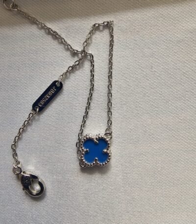 Van cleef modeli tek yapraklı küçük yonca doğal taş mavi vca gümüş bileklik