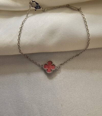 Van cleef modeli tek yapraklı küçük yonca doğal taş pembe vca gümüş bileklik