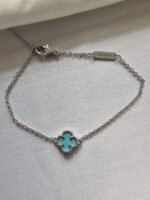 Van cleef modeli tek yapraklı küçük yonca doğal taş turkuaz vca gümüş bileklik