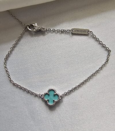 Van cleef modeli tek yapraklı küçük yonca doğal taş turkuaz vca gümüş bileklik