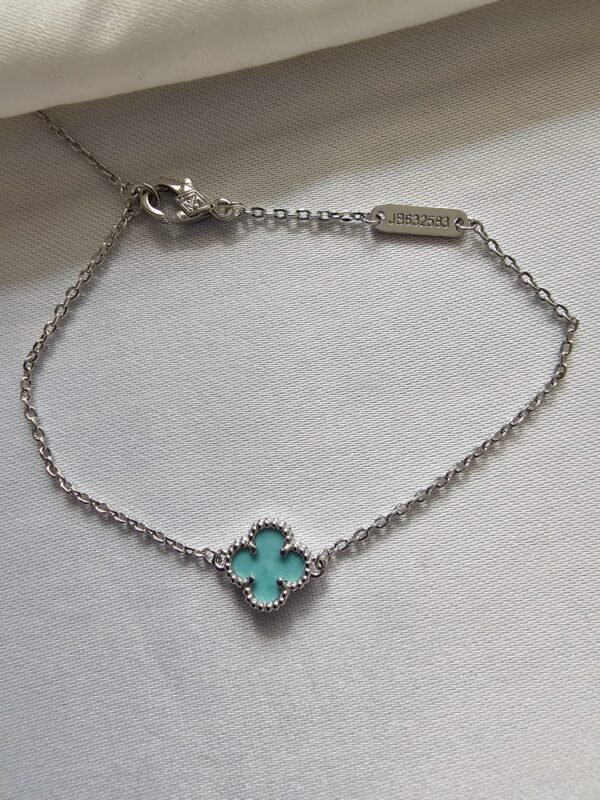 Van cleef modeli tek yapraklı küçük yonca doğal taş turkuaz vca gümüş bileklik