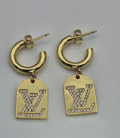 louis vuitton modeli taşlı gold altın lv küpe