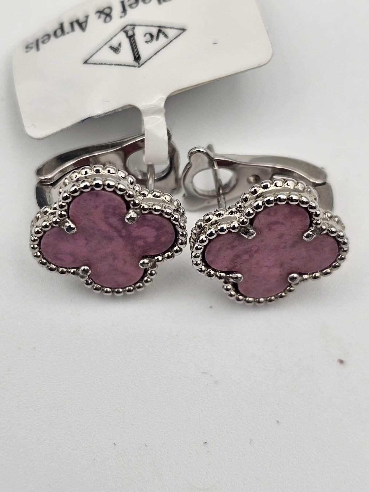 van cleef modeli büyük yonca doğal taş pembe gümüş omega vca küpe