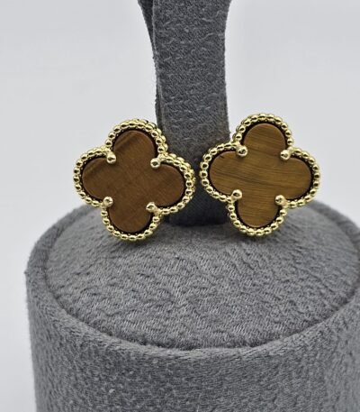 van cleef modeli büyük yonca doğal taş sedef kehribar gold altın vca küpe