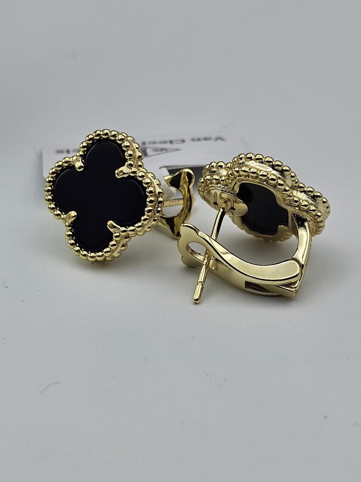van cleef modeli büyük yonca doğal taş siyah gold altın omega vca küpe