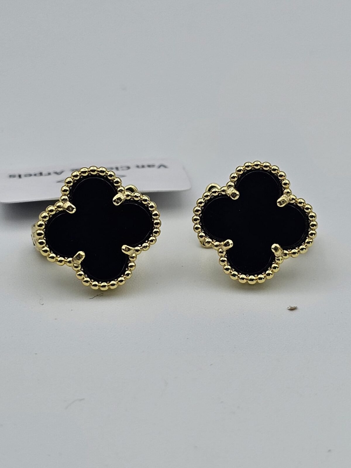 van cleef modeli büyük yonca doğal taş siyah gold altın omega vca küpe
