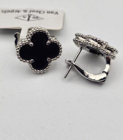 van cleef modeli büyük yonca doğal taş siyah gümüş omega vca küpe