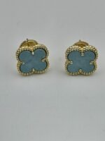 van cleef modeli büyük yonca doğal taş turkuaz gold altın vca küpe