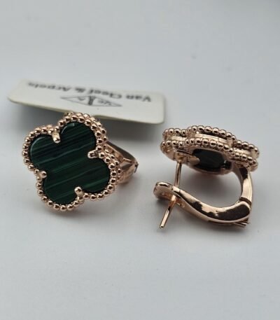 van cleef modeli büyük yonca doğal taş zümrüt yeşili rose omega vca küpe