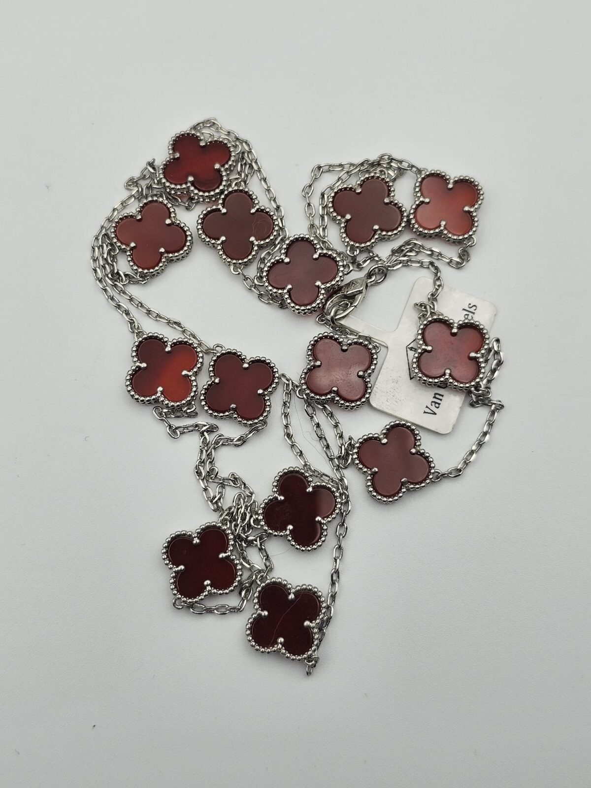 Van cleef modeli 14 yapraklı büyük yonca doğal taş kırmızı vca gümüş kolye