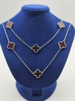 Van cleef modeli 14 yapraklı büyük yonca doğal taş kırmızı vca gümüş kolye