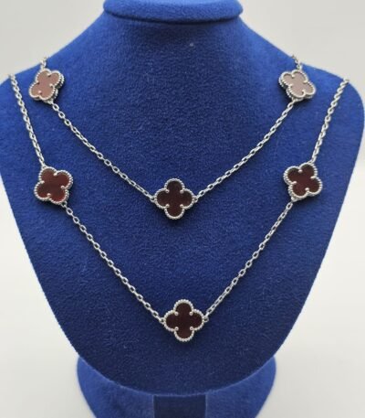 Van cleef modeli 14 yapraklı büyük yonca doğal taş kırmızı vca gümüş kolye