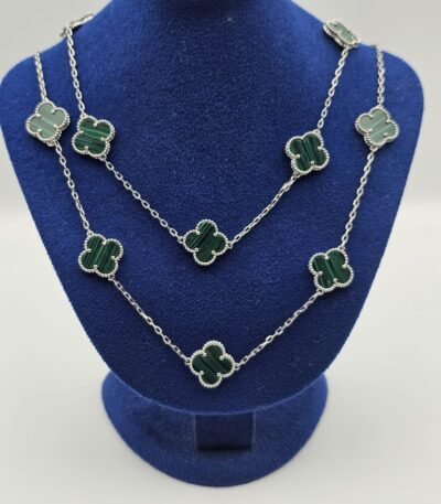 Van cleef modeli 16 yapraklı büyük yonca doğal taş zümrüt yeşil vca gümüş kolye