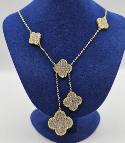 Van cleef modeli vintage yonca doğal taş full taş vca altın gold kolye